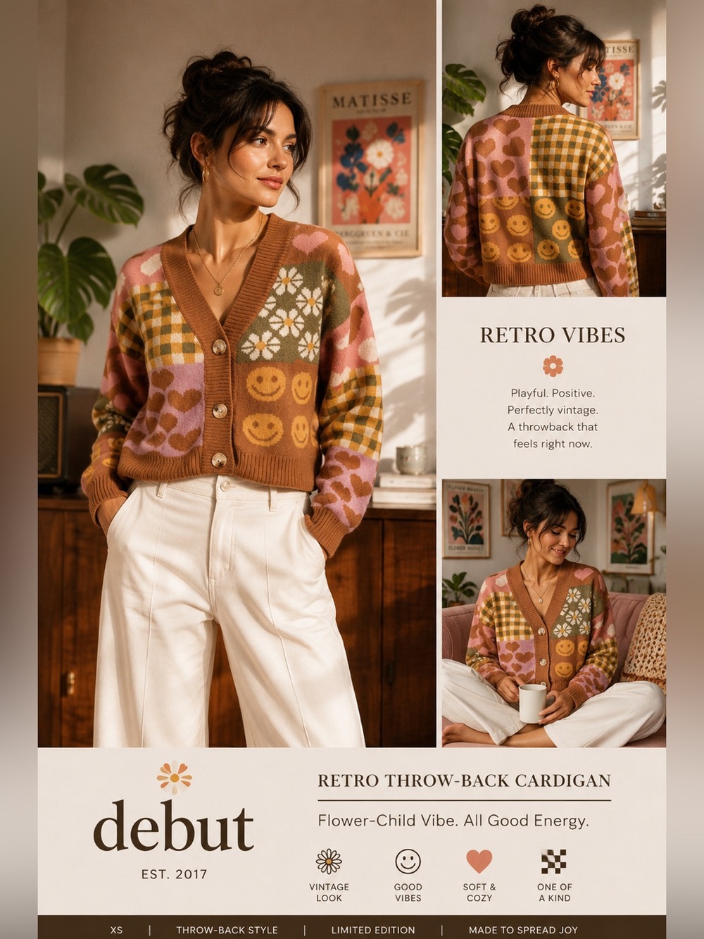 Debut, Retro Throw-back Cardigan Sweater, Adorable Flower-Child Vibe, Size XS